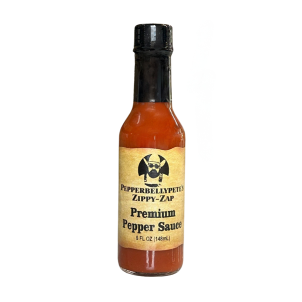 Zippy-Zap Premium Pepper Sauce is Pepper Belly Pete's most popular sauce. Zippy Zap Sauce Front