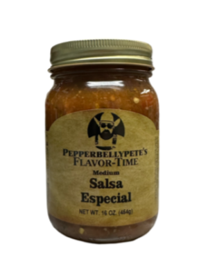 Pepper Belly Pete's Medium Salsa Especial. Front.