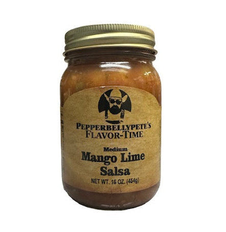 Pepper Belly Pete's Mango Lime Salsa. Front.