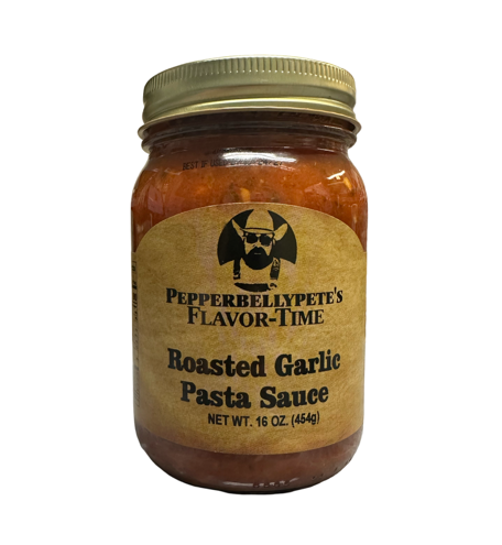 Pepper Belly Pete’s Roasted Garlic Pasta Sauce. Front.
