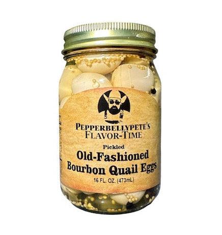 Jar of Pepperbellypete's Pickled Old-Fashioned Bourbon Quail Eggs on a white background